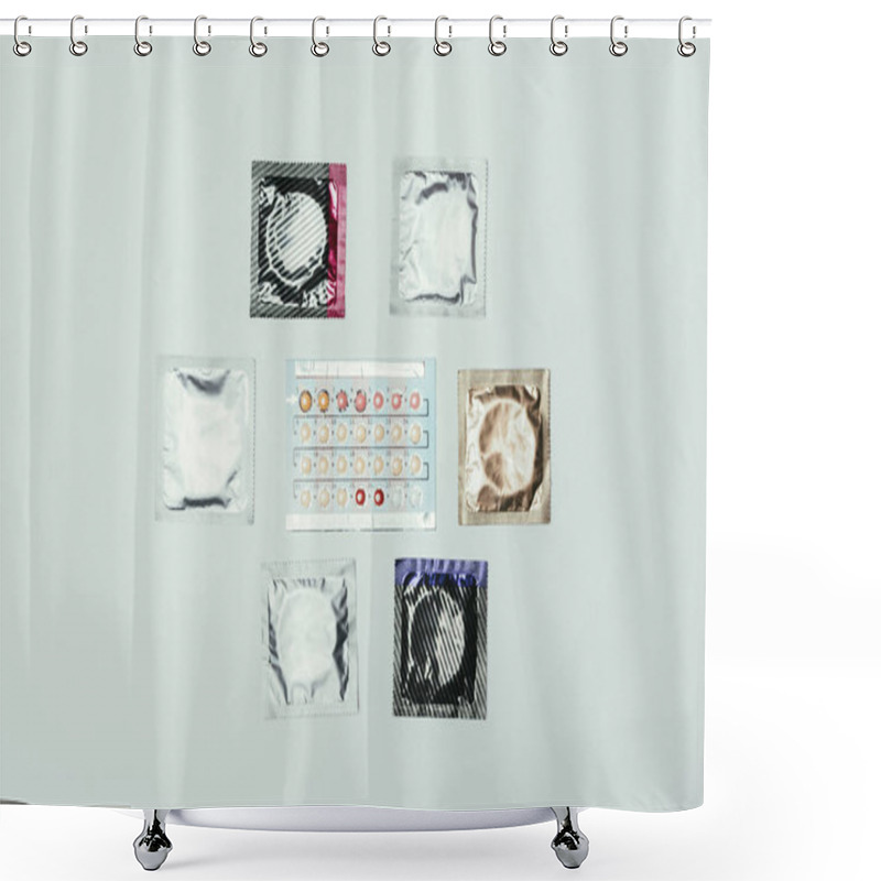 Personality  Top View Of Arranged Condoms And Contraceptive Pills Isolated On Grey Shower Curtains