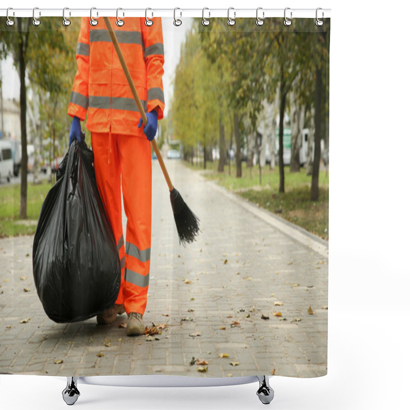 Personality  Street Cleaner With Broom And Garbage Bag Outdoors On Autumn Day, Closeup Shower Curtains