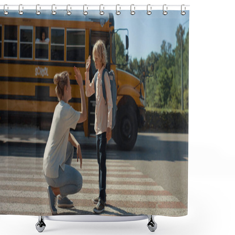 Personality  Loving Mom Give High Five To Son Pupil. Schoolboy Saying Goodbye Boarding On Bus Alone. Caring Mother Escorting Little Child To Classes. Boy Run To Yellow Shuttle Sunny Morning. Education Concept. Shower Curtains