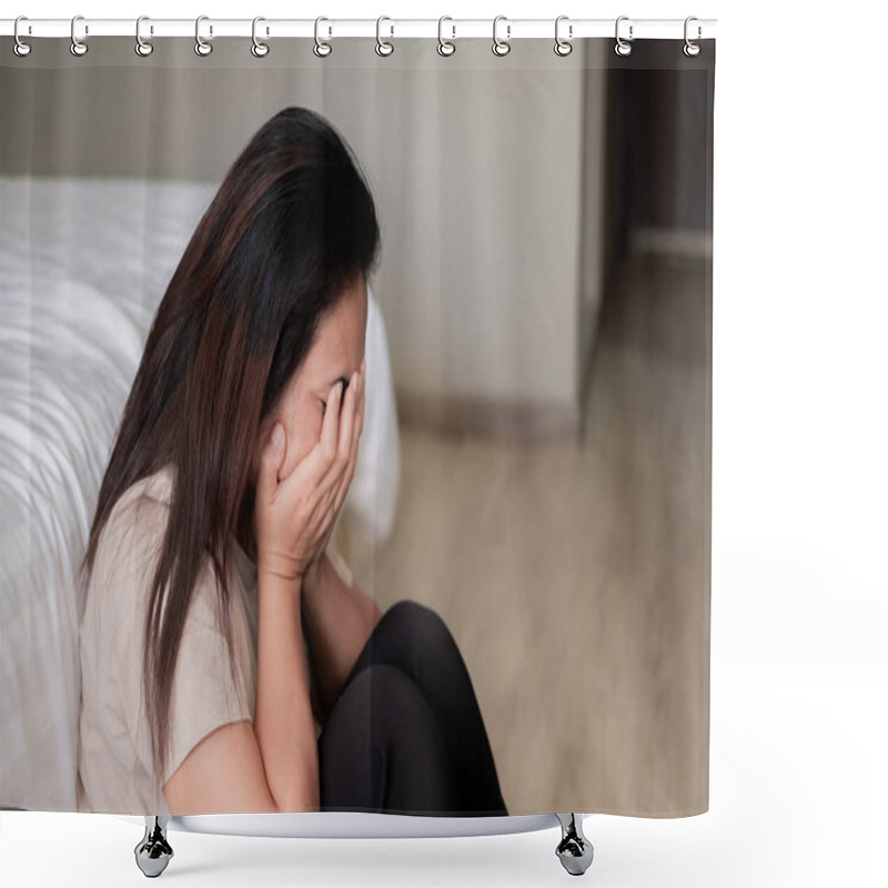 Personality  Sad Depressed Asia Woman Suffering On The White Bed, She Is Sitting In Bed And Touching Her Forehead, Sleep Disorder And Stress Concept Shower Curtains