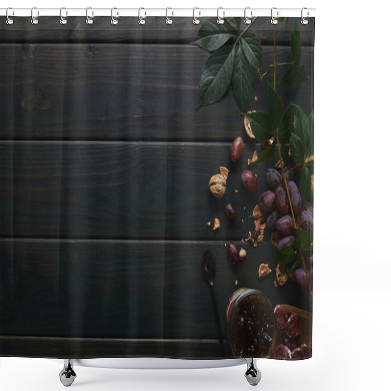 Personality  Top View Of Fresh Ripe Grapes, Walnuts, Green Leaves, Jam And Sliced Salami On Wooden Table Shower Curtains