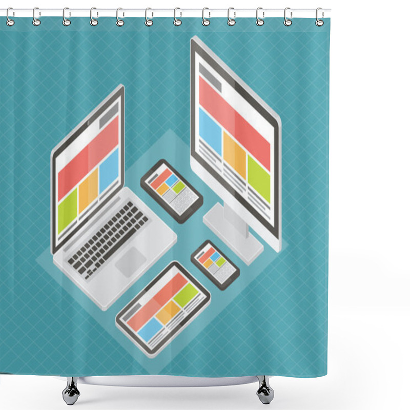 Personality  Responsive Web Design, Computer Equipment, 3d Isometric Flat Vector. Shower Curtains