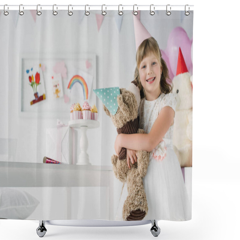 Personality  Smiling Birthday Kid Holding Teddy Bear In Cone  Shower Curtains