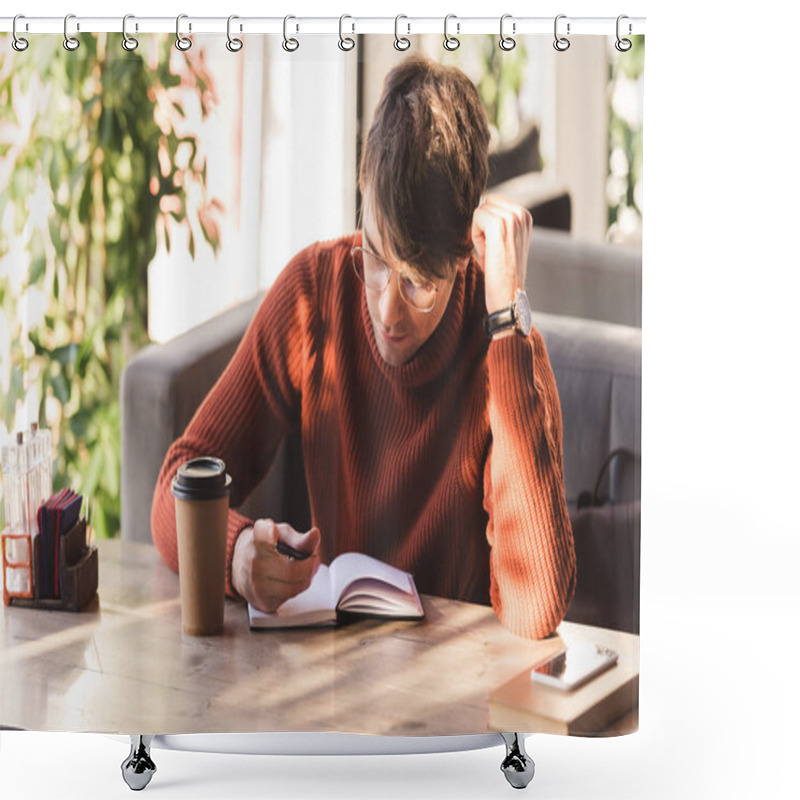 Personality  Handsome Man In Glasses Looking At Notebook Near Disposable Cup In Cafe Shower Curtains