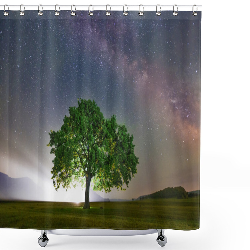 Personality  Lonely Tree On Field Under Milky Way Galaxy, Dobrogea, Romania Shower Curtains