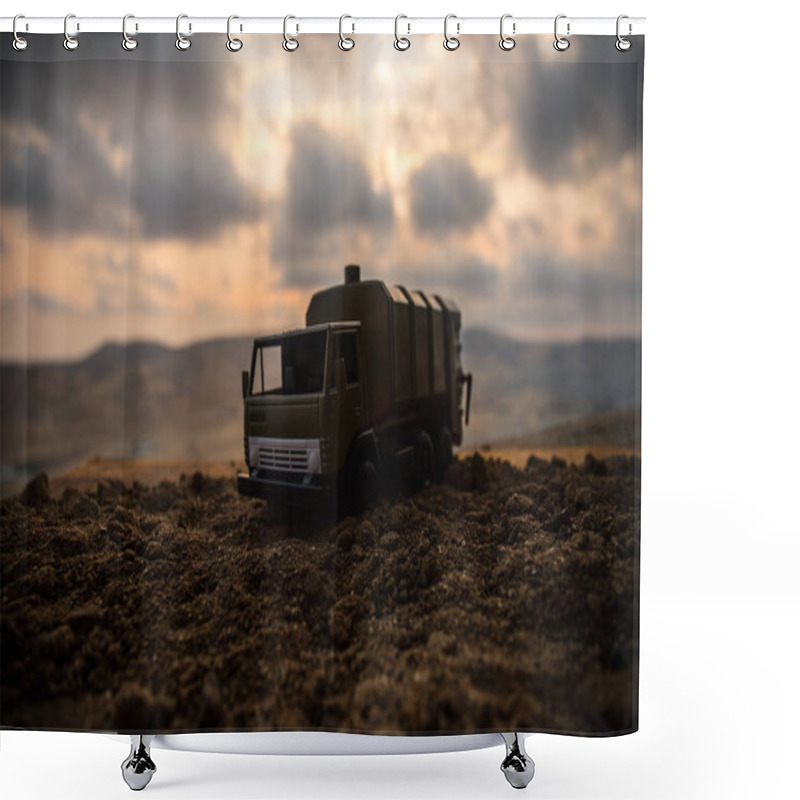 Personality  War Concept. Battle Scene With Rocket Launcher Aimed At Gloomy Sky At Sunset Time. Rocket Vehicle Ready To Attack On Cloudy War Background. Selective Focus Shower Curtains