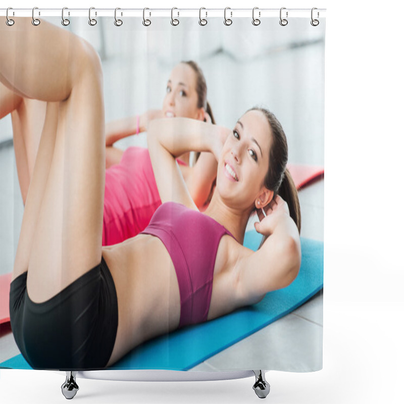 Personality  Smiling Women Exercising At The Gym Shower Curtains