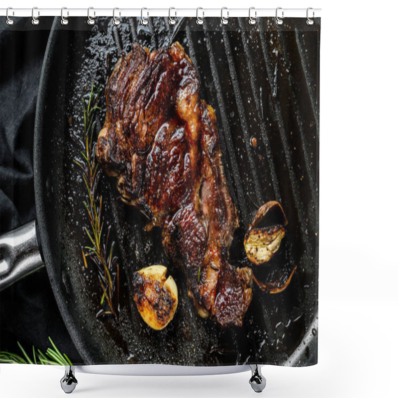 Personality  Rib Eye Steak On A Grill Pan. Grilled Beef. Organic Farm Meat. Black Background Shower Curtains