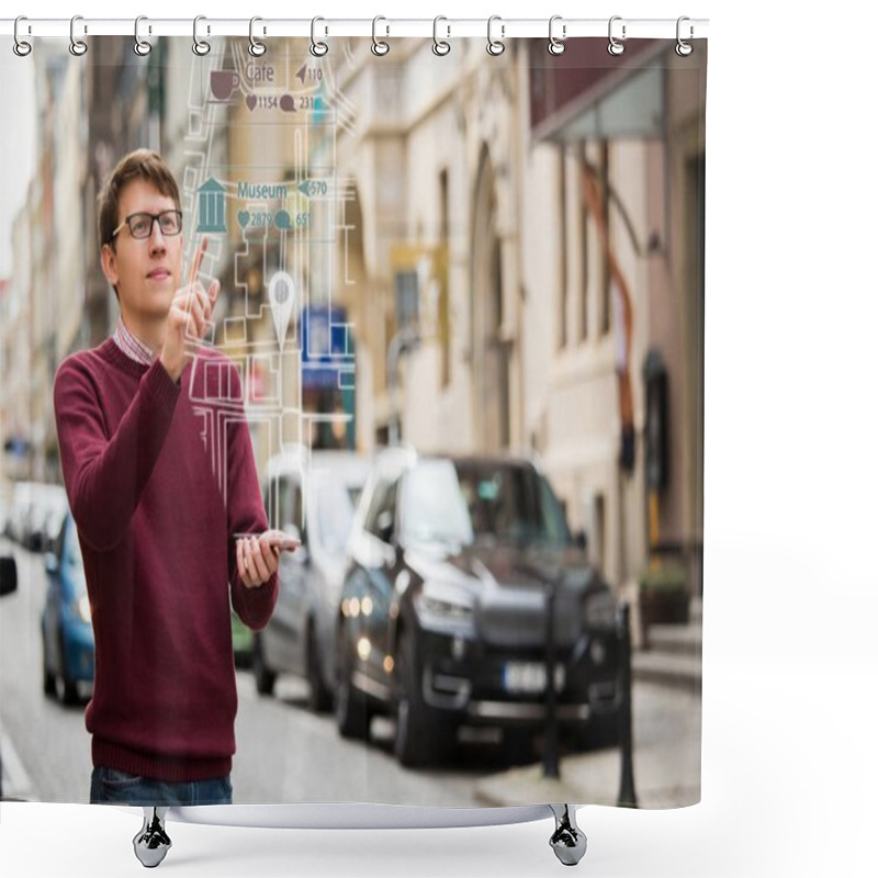 Personality  Augmented Reality In Marketing. Man With Phone. Shower Curtains