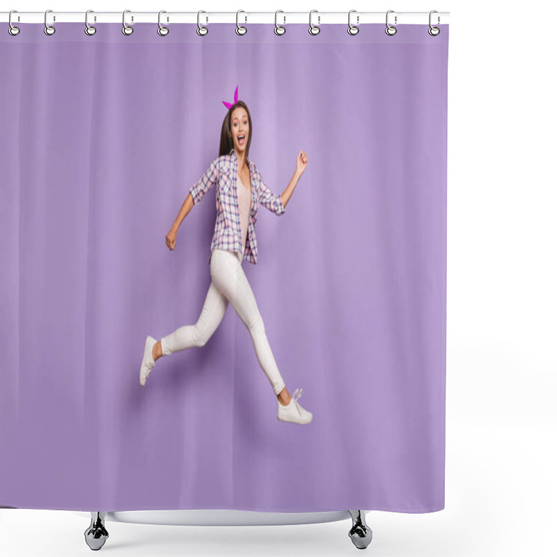 Personality  Full Length Body Size Profile Side View Of Nice Attractive Lovely Cheerful Cheery Funky Sportive Girl Running Having Fun Marathon Free Time Isolated On Violet Purple Lilac Pastel Color Background Shower Curtains