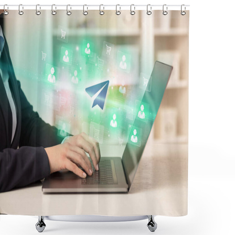 Personality  Businessman Working On Laptop With Paper Airplane Icons Coming Out From It, Successful Business Concept Shower Curtains