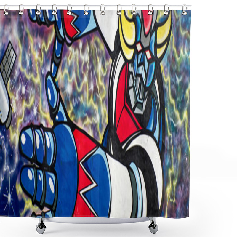 Personality   Street Art Grendizer Robot In Bologna. Italy. Street Art Concept. Shower Curtains