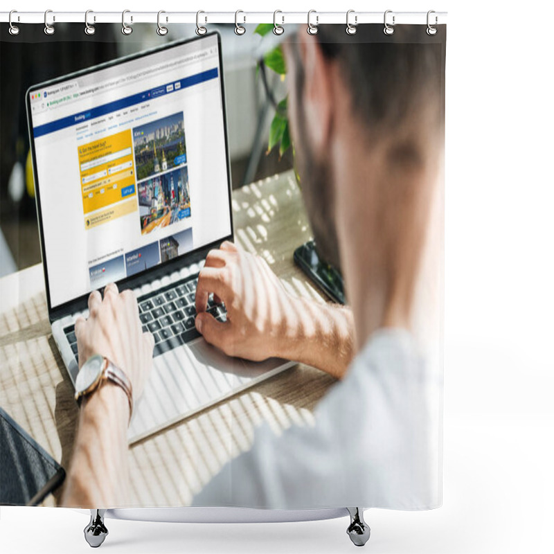 Personality  Back View Of Man Using Laptop With Booking Website On Screen Shower Curtains