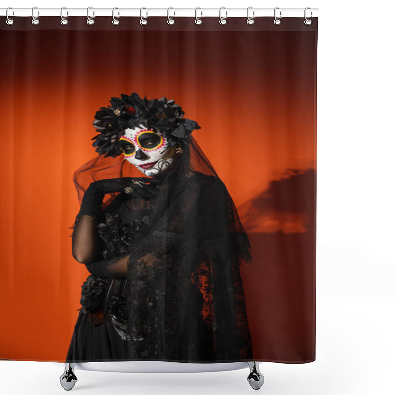 Personality  Woman In Creepy Mexican Day Of Death Costume And Makeup Looking At Camera On Red Background  Shower Curtains