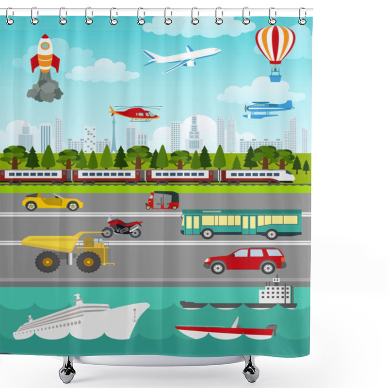 Personality  Transport Infographics Elements. Cars, Trucks, Public, Air, Wate Shower Curtains