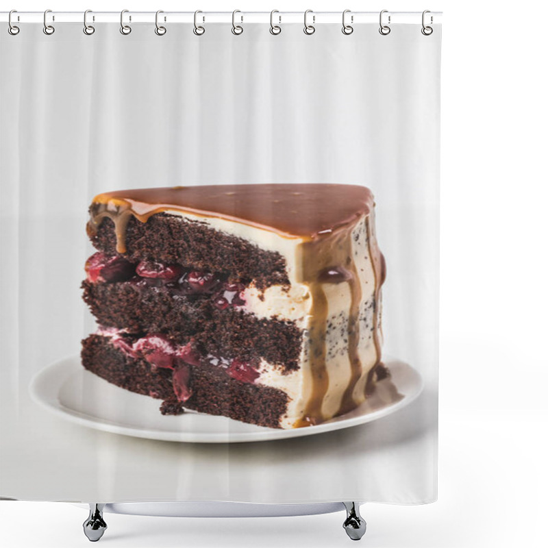 Personality  Close Up View Of Sweet Cherry-chocolate Cake With Caramel On Plate Isolated On White Shower Curtains