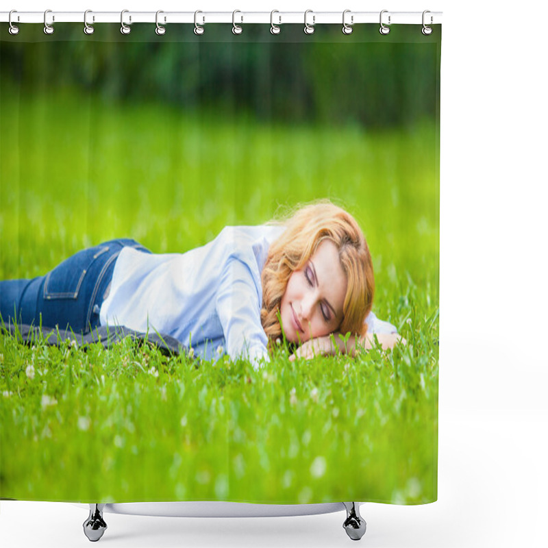 Personality  Smiling Blonde Woman In Green Grass Showing Love Shower Curtains