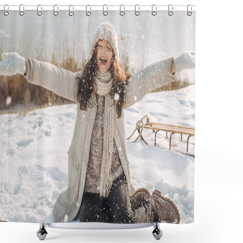 Personality  Winter Woman Havind Fun Outdoors Shower Curtains