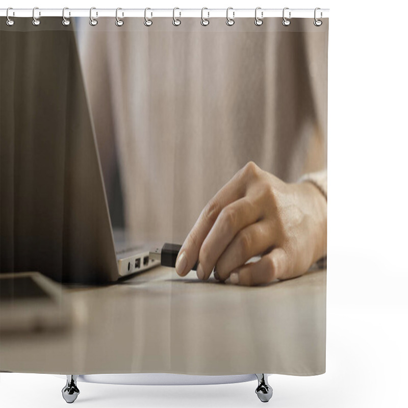 Personality  Woman Plugging A USB Drive Into Her Laptop, Technology And Data Storage Concept Shower Curtains