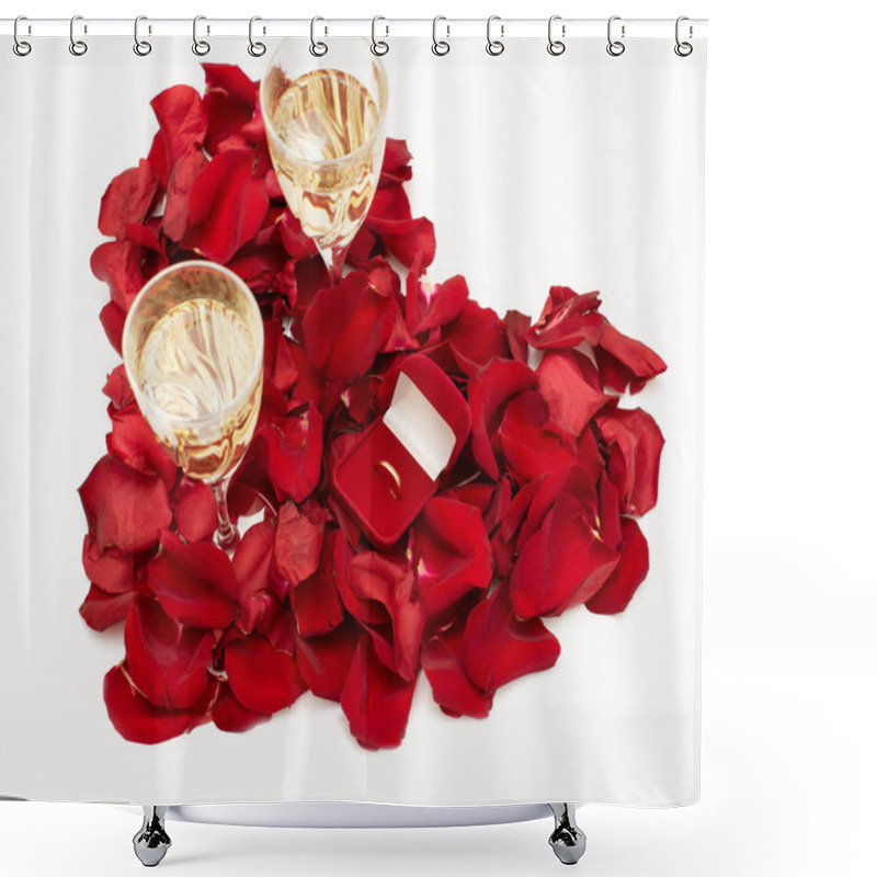 Personality  Wedding Ring Red Box Surrounded By Rose Petals. An Offer Of Marriage. Heart-shaped Rose Petals Shower Curtains