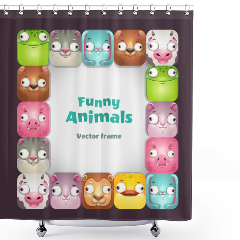 Personality  Funy Vector Square Frame With Comic Cartoon Animal Faces. Shower Curtains