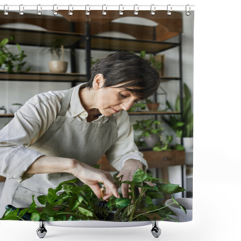 Personality  A Dedicated Gardener Nurtures Her Beloved Plants In A Bright Studio. Shower Curtains