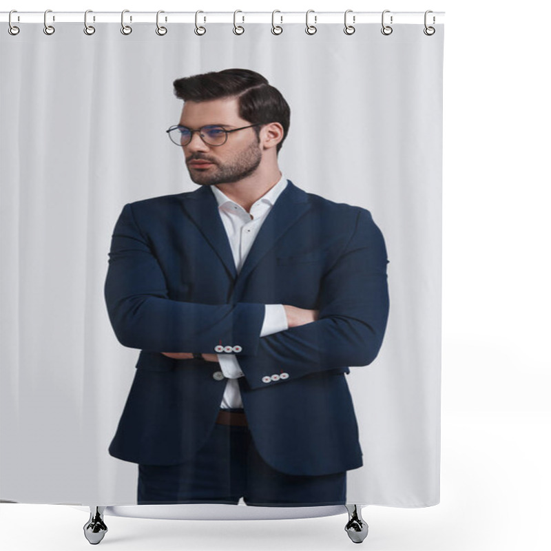 Personality  Young And Successful, Handsome Man In Suit Keeping Arms Crossed And Looking Away While Standing Against Grey Background Shower Curtains