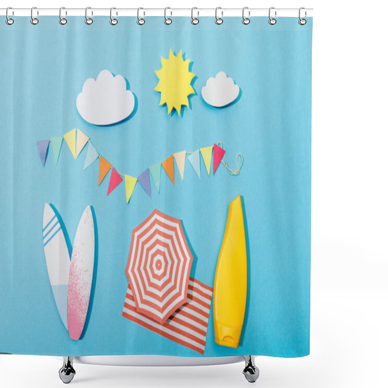 Personality  Top View Of Paper Cut Summer Beach With Surfboards And Tube Of Sunscreen On Blue Shower Curtains