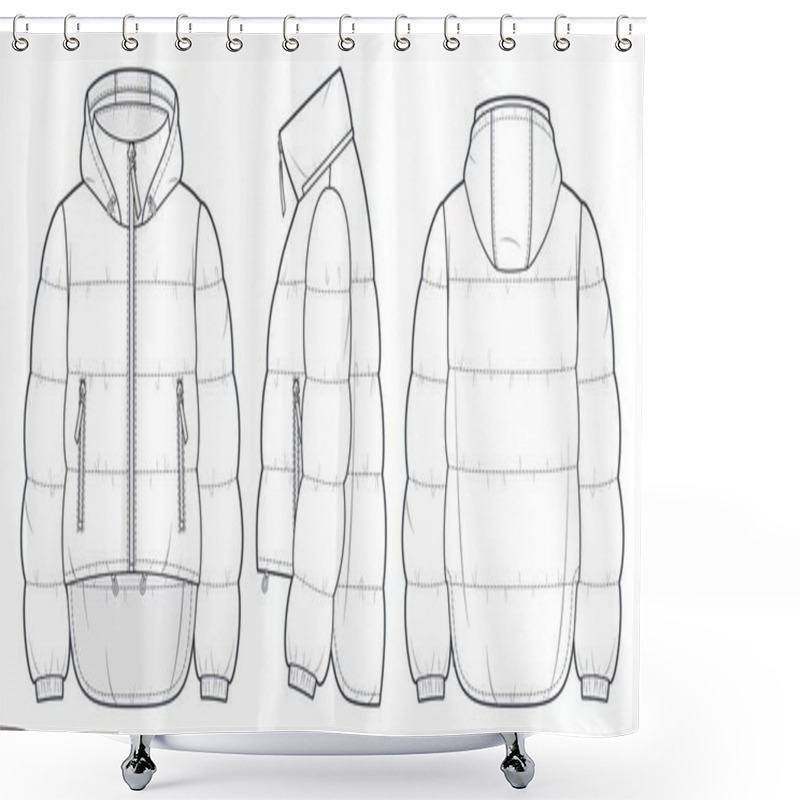 Personality  Hooded Puffer Jacket Technical Fashion Illustration. Unisex Down Jacket Technical Drawing Template, Long Sleeve, Pocket, Asymmetric Hem, Front, Side And Back View, White, Women, Men, Unisex CAD Mockup Set. Shower Curtains