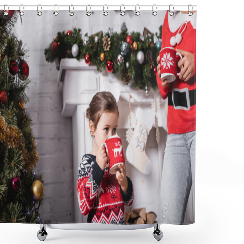 Personality  Little Girl Drinking From Cup, Standing With Mother Near Fireplace At Home Shower Curtains