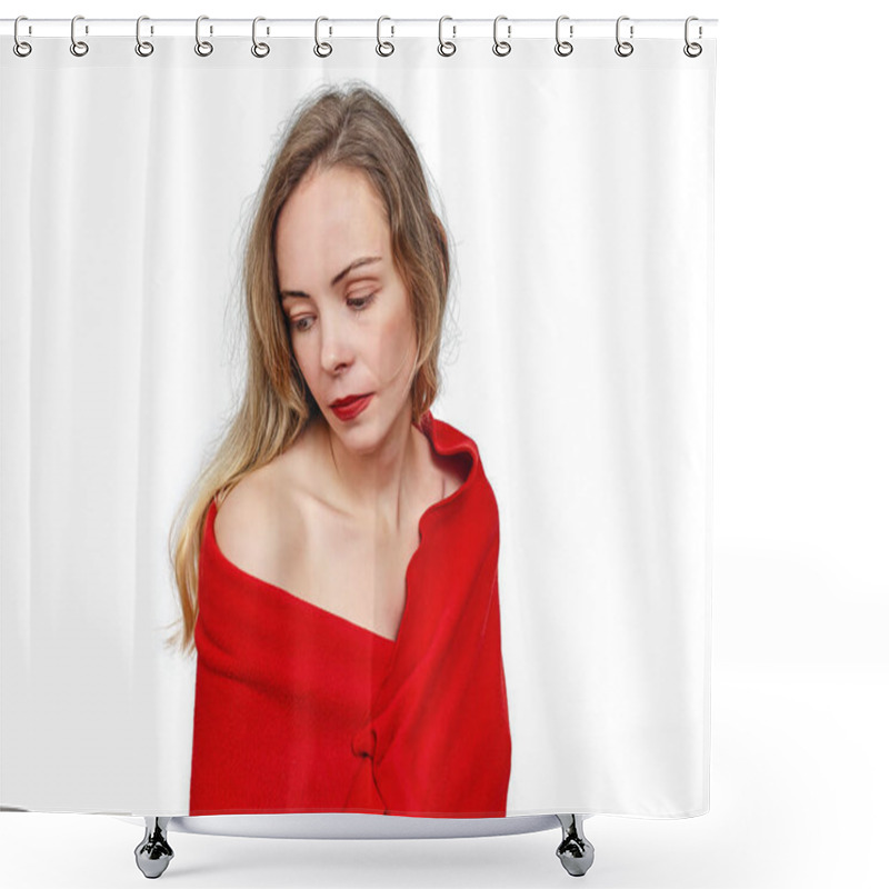 Personality  Charming Blonde Woman In Red Scarf, On White Background. Bare Shoulder, Red Lipstick. Looking Aside Shower Curtains