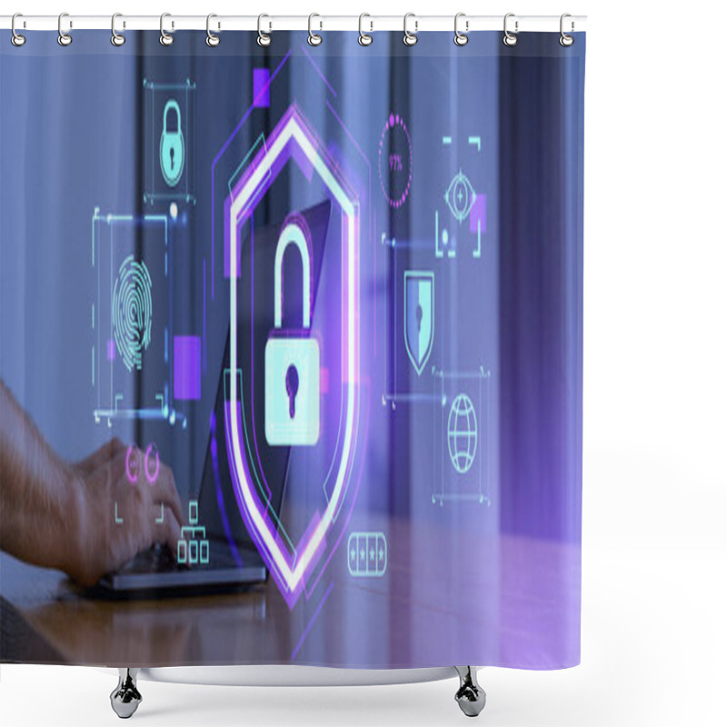 Personality  Hands Of Businessman Using Laptop With Double Exposure Of Futuristic Data Interface With Padlock, Fingerprint And Shield At Wooden Office Table. Concept Of Cybersecurity And Biometric Scanning Shower Curtains