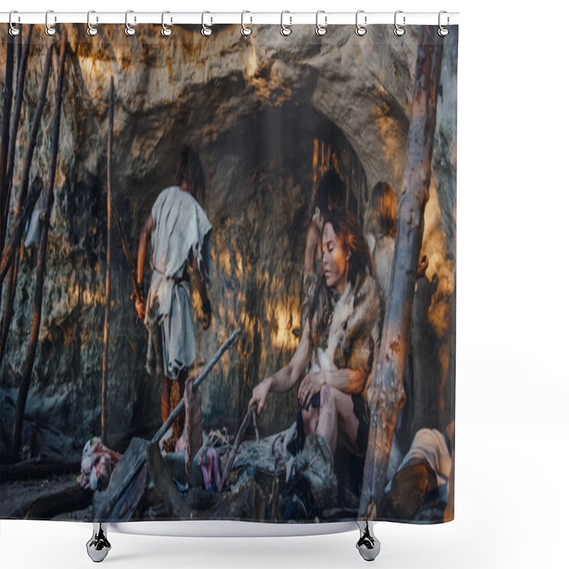 Personality  Tribe Of Hunter-Gatherers Wearing Animal Skin Live In A Cave. Leader Brings Animal Prey From Hunting, Female Cooks Food On Bonfire, Girl Drawing On Wals Creating Art. Neanderthal Homo Sapiens Family Shower Curtains