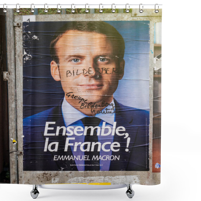 Personality  Emmanuel Macron Portrait Poster With Bilderberg Group Member Ins Shower Curtains