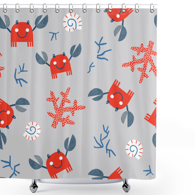 Personality  Cute Cheerful Crab With Sea Shells And Coral Vector Seamless Pattern Shower Curtains