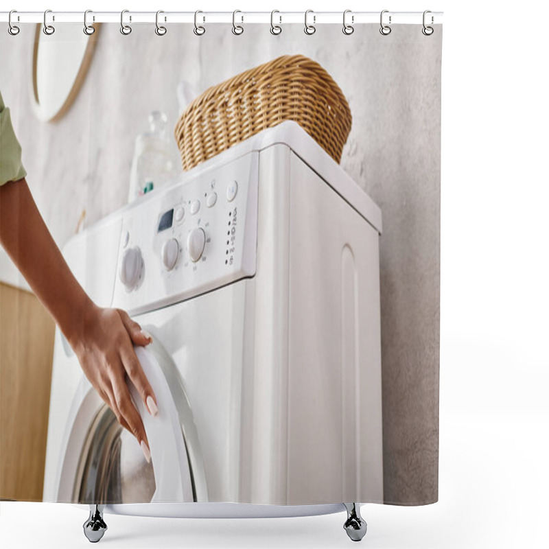 Personality  Woman Putting A Cloth Into The Dryer In A Bathroom While Doing Laundry. Shower Curtains