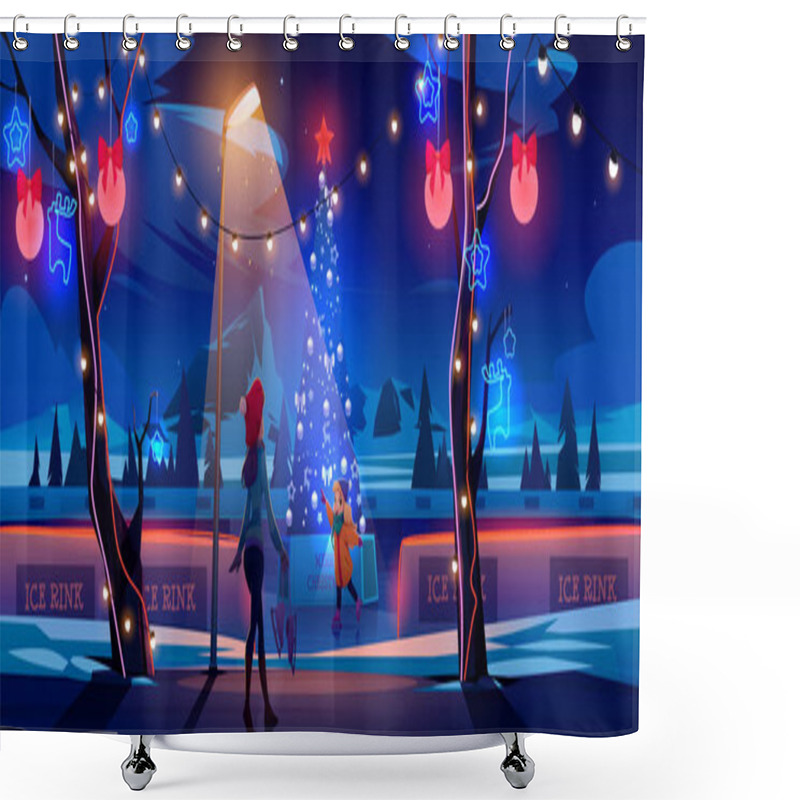 Personality  Girl Mother Night Christmas Ice Rink With Fir Tree Shower Curtains