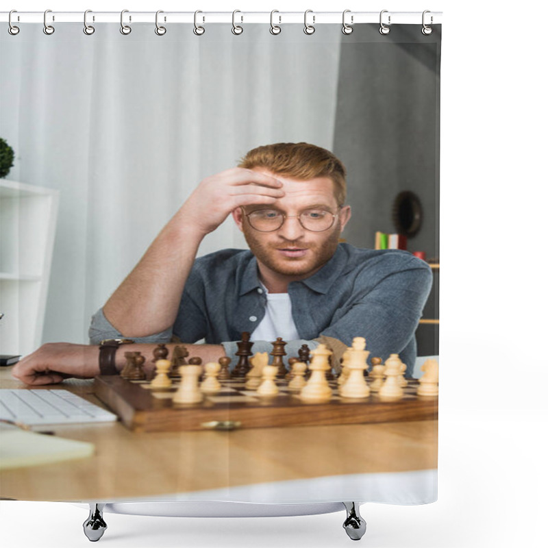 Personality  Handsome Pensive Man Looking At Chessboard At Home Shower Curtains