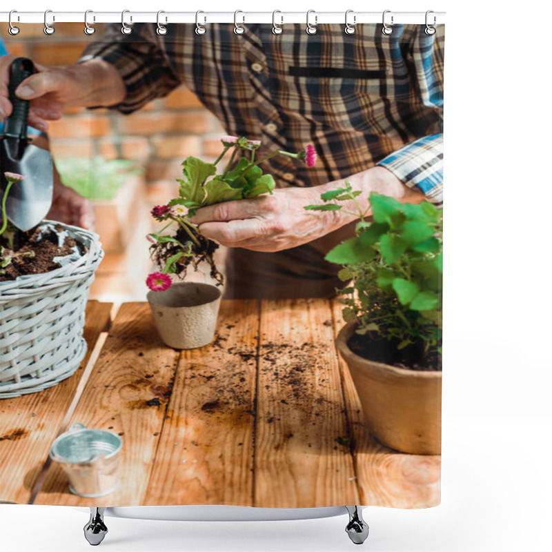 Personality  Cropped View Of Senior Man Holding Shovel Near Ground While Holding Plant  Shower Curtains