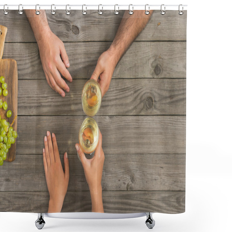 Personality  Couple Clinking Glasses With White Wine Sitting Behind Wooden Ta Shower Curtains