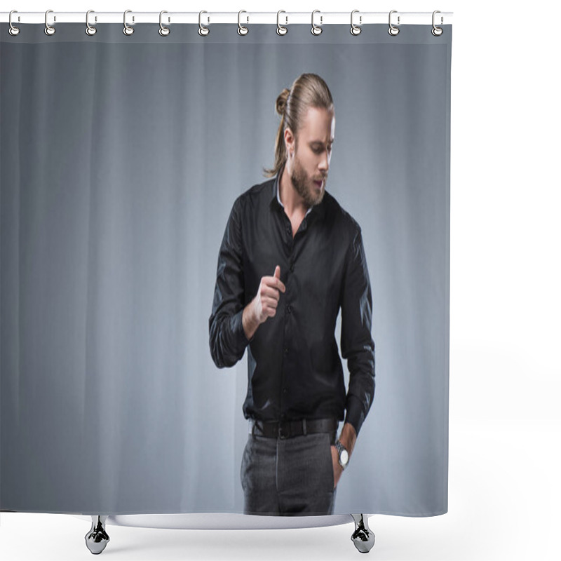 Personality  Long Haired Man In Black Shirt  Looking Down With Hand In Pocket, Isolated On Gray Shower Curtains