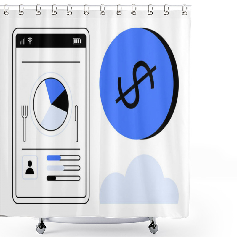 Personality  Smartphone Screen With Pie Chart And User Profile, Blue Dollar Sign In Circle, Cloud Icon. Ideal For Personal Management, Finance Tracking, Health Monitoring, Online Identity, Data Analytics, App Shower Curtains