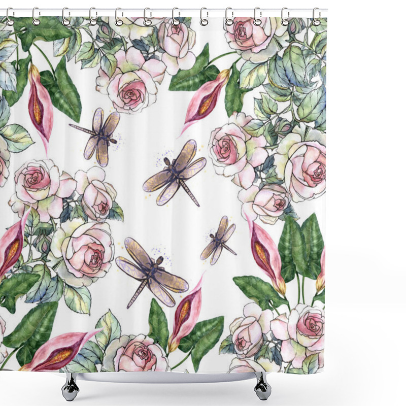 Personality  Watercolor Garden Flowers Rose With Small Dragonfly. Floral Seamless Pattern With Bouquet Delicate Flowers On White Background. Shower Curtains