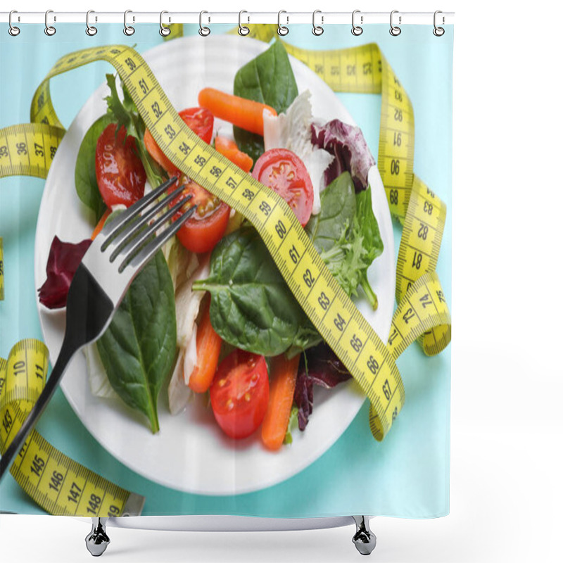 Personality  Measuring Tape, Vegetable Salad And Fork On Light Blue Background, Closeup. Weight Loss Concept Shower Curtains