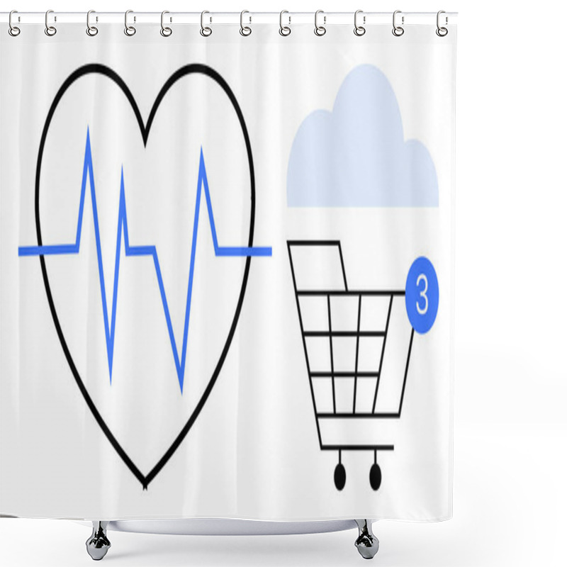 Personality  Heartbeat Line Inside Heart Shape Next To A Shopping Cart With A Cloud And Notification Badge. Ideal For Health Monitoring, Online Shopping, Ecommerce, Notifications, Medical Apps, Retail Shower Curtains