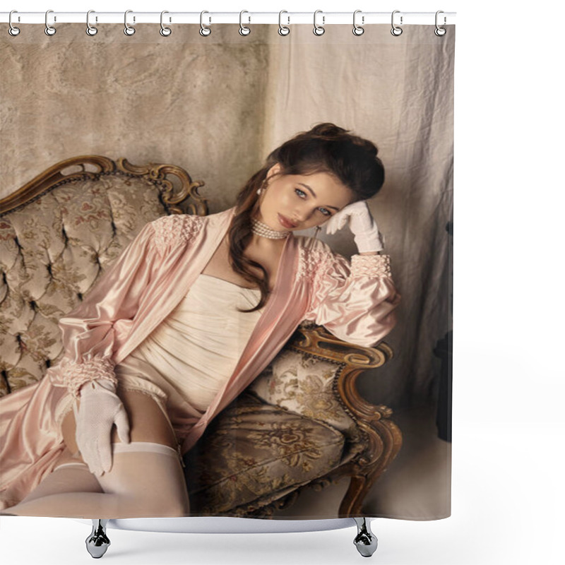 Personality  A Young Woman Draped In Soft Pastels Lounges Elegantly, Exuding An Ethereal, Enchanting Aura. Shower Curtains