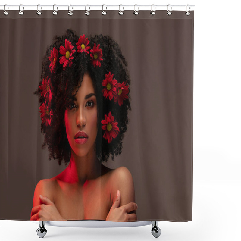 Personality  Young Attractive Afro Woman With Beautiful Flowers In Hair. Beauty Studio Portrait. Shower Curtains