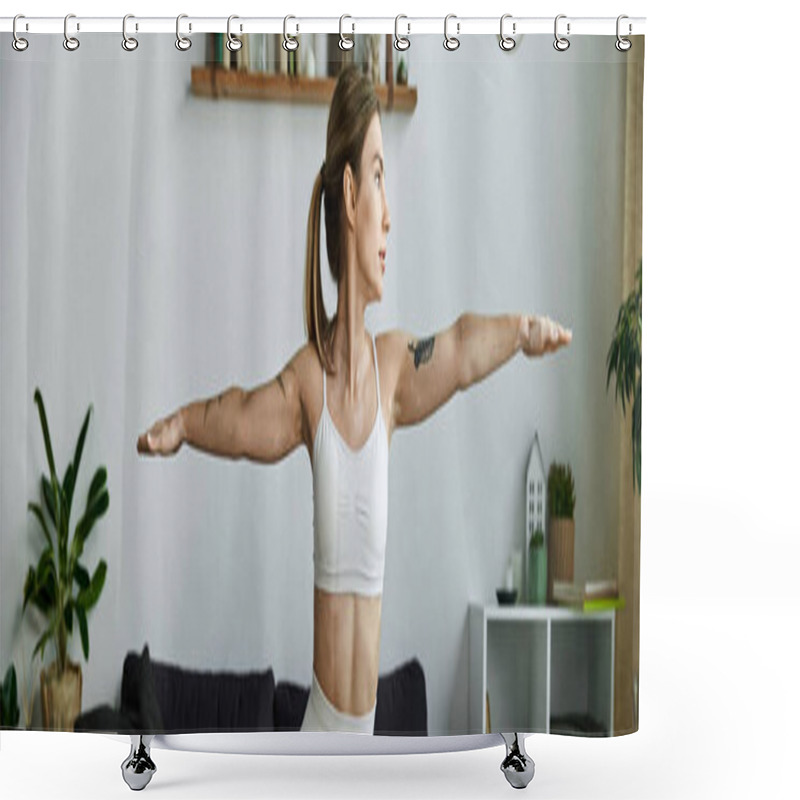 Personality  A Young Woman In Active Wear Practices A Yoga Pose In Her Modern Apartment, Finding Peace And Mindfulness In The Stillness Of Her Home. Shower Curtains