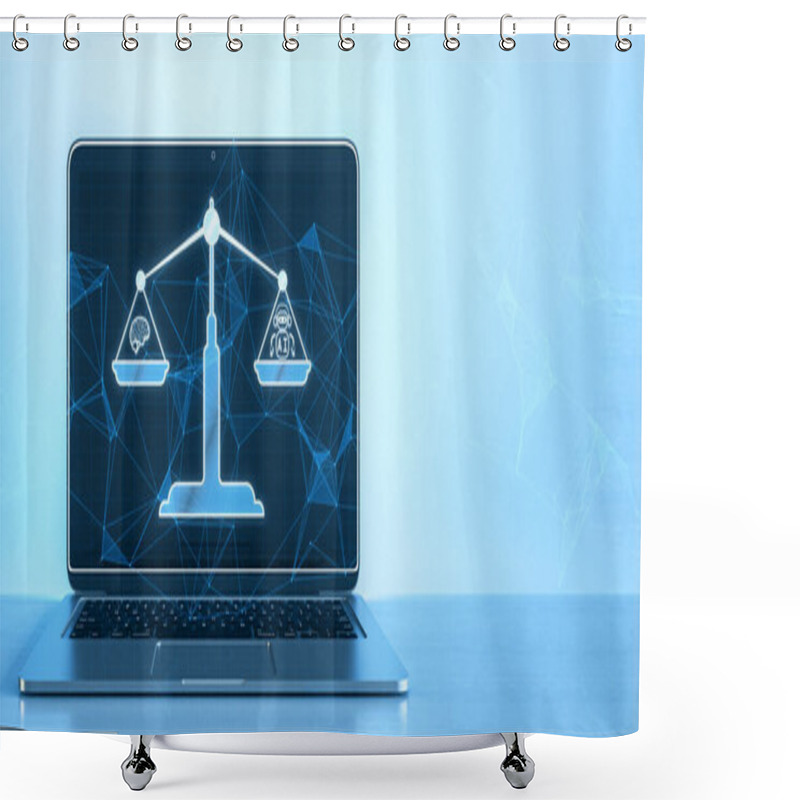 Personality  Concept Of AI Law, Artificial Intelligence Regulations In Glowing Low Polygonal Style With Brain And Scale Symbol On Dark Blue Background. Laptop On Desk With Hologram And Mock Up Place. 3D Rendering Shower Curtains