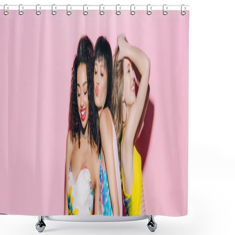 Personality  Panoramic Shot Of Happy Fashionable Multicultural Girlfriends Dancing On Pink Shower Curtains